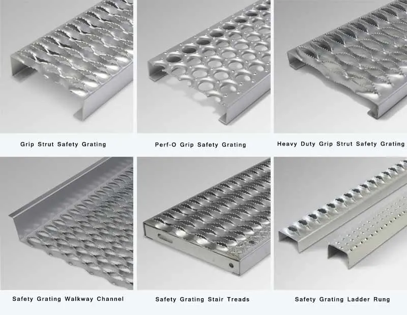 Grip Strut hole patterns with crocodile mouth raised round hole and alternative perforations