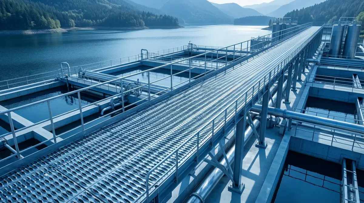 Heavy duty galvanized safety grating installed as a long walkway in a water treatment facility